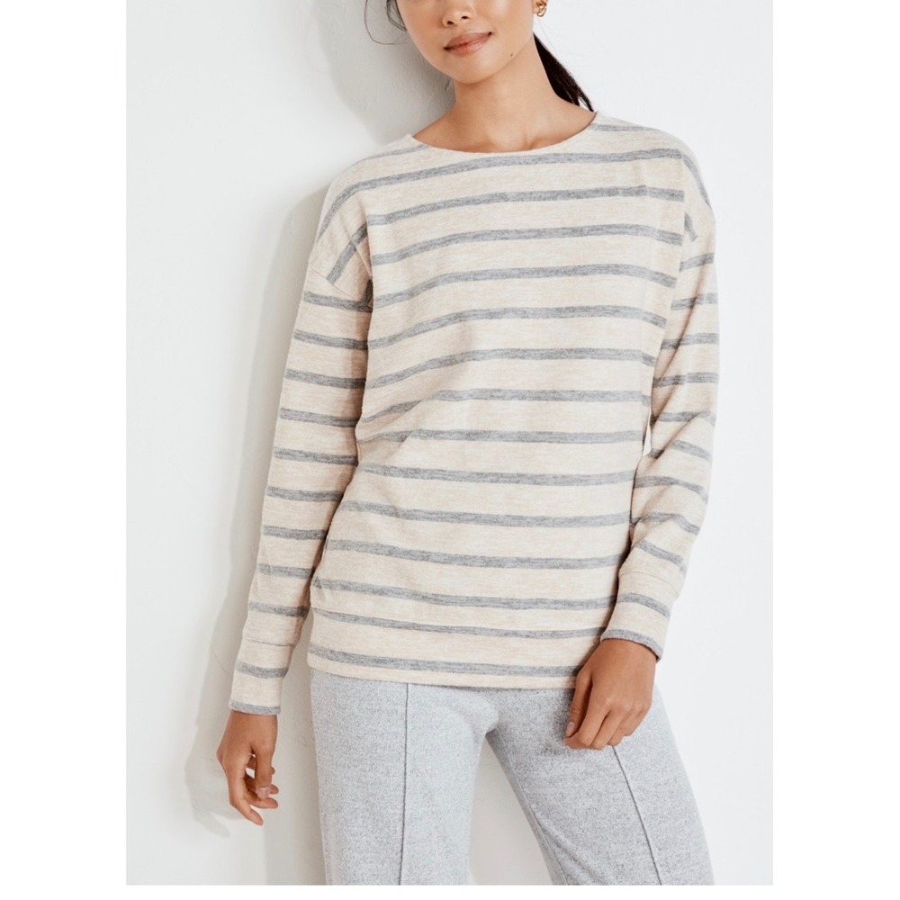 Haven Well Within Marled Knit Striped Boat Neck Top Gray Tan Women's Size Small